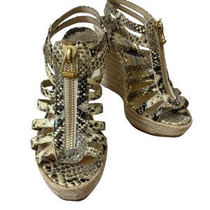 Jimmy Choo Two Tone Embossed Snakeskin Zip Detail Strappy Espadrille Wedge Sz 39